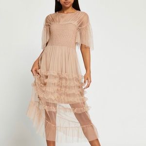 River Island Beige Short Sleeve Mesh Ruffle Dress